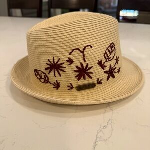 Hatch Cream & Brown Floral Rafia Embroidered Stingy Brim Adjustable Fedora OS